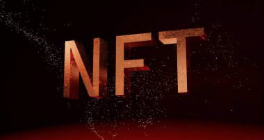 turuncu ve kırmızı tonlu ve yüzen kıvılcımlı nft metin. 3d oluşturma.