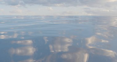 Pofuduk beyaz bulutlar ve yansımalarla sakin okyanus sularının 3D yansıması.