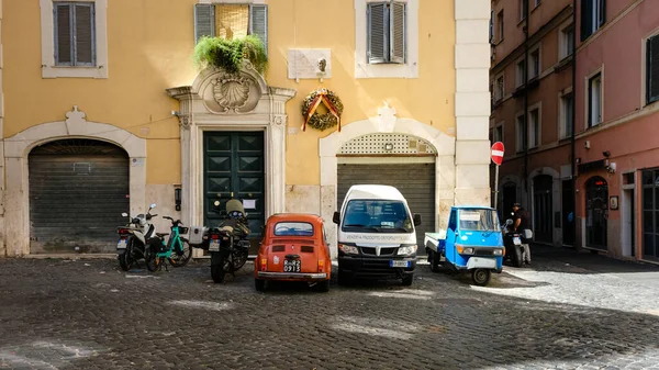 Rome Italy June 2022 Vehicles Contrasting Type Color Rest Cobbled — Stock Photo, Image