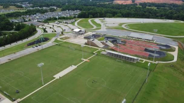 Aerial Push New Rock Hill Sporting Complex Riverwalk Community Soccer — Stock Video