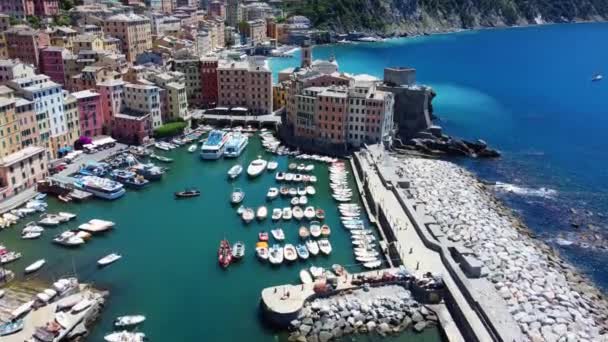 Flygfoto Skjuta Över Fiskebyn Camogli Italien Med Många Båtar Vila — Stockvideo