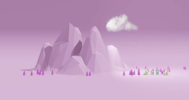 Pembe ağaçlı, düşük polyester dağlı ve kopya için negatif alanı olan şirin şeker renkli evlerin 3D çizimi.