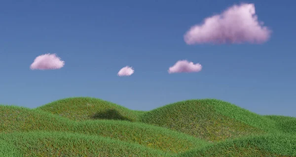 Gently Rolling Green Hills Pastel Pink Fluffy Clouds Rendering — Stock Photo, Image