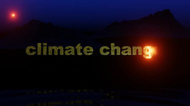 3d render of climate change text bursting into flame, leaving a trail of glowing sparks. 