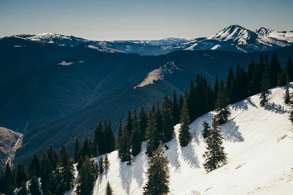 Landschaft aus schneebedeckten Gipfeln, Spätwinter, Vorfrühling, Wald — Stockfoto