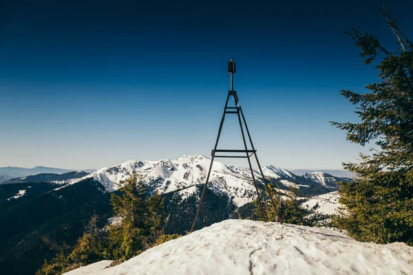 Kış dağları, karlı kozalaklı orman, mavi gökyüzü, bahar