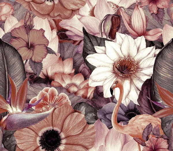 奇异植物和花卉的单色无缝图案 — 图库照片