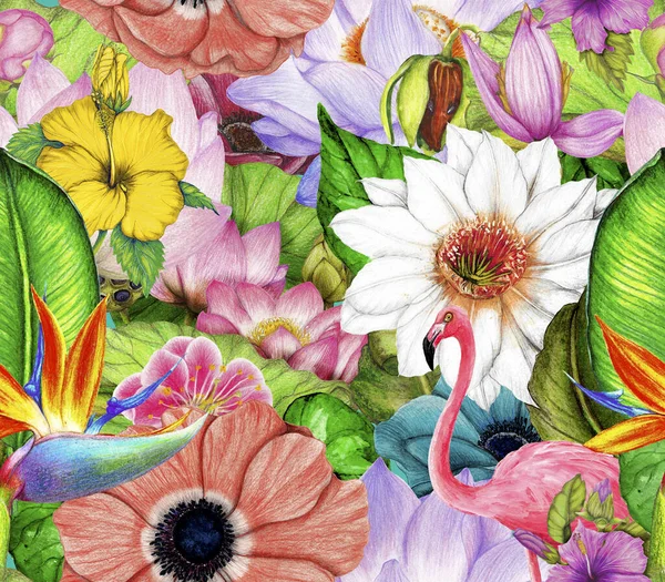 Bezešvé Vzor Ručně Kreslených Tropických Květin — Stock fotografie