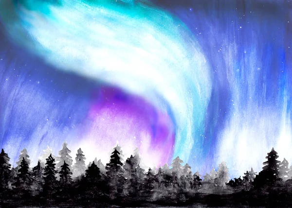 Watercolor Painting Northern Lights — Stock Photo, Image