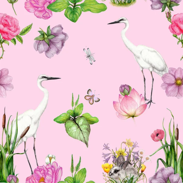 Modèle Floral Sans Couture Dessiné Main Avec Des Animaux — Photo