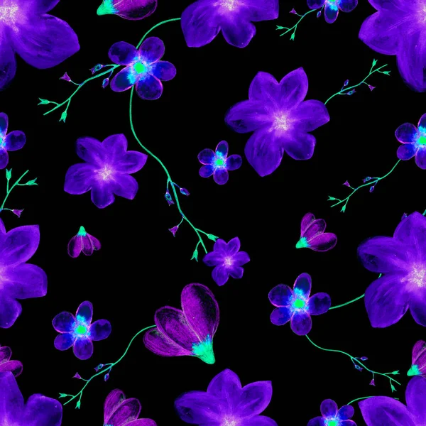 Neonowy Wzór Kwiatowy Bez Szwu Powtórz Wzór Kwiatowy Ręcznie Rysowany — Zdjęcie stockowe