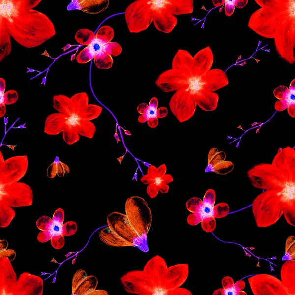 Neonowy Wzór Kwiatowy Bez Szwu Powtórz Wzór Kwiatowy Ręcznie Rysowany — Zdjęcie stockowe