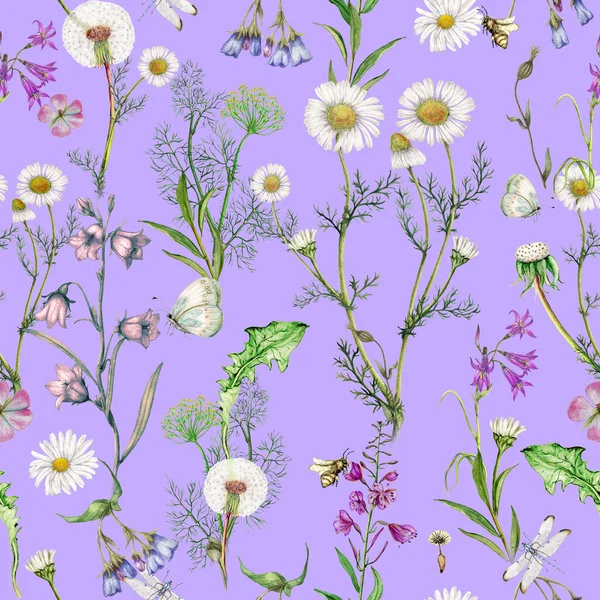 Opakovat Vzor Ručně Kreslených Zahradních Divokých Květin — Stock fotografie