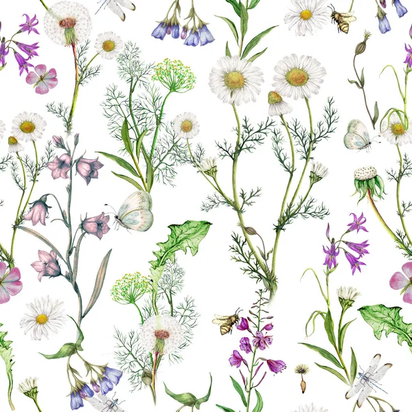 Opakovat Vzor Ručně Kreslených Zahradních Divokých Květin — Stock fotografie