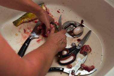 Taze balık mutfaktaki lavaboda kasaplık ve temizliğe hazırlanıyor.