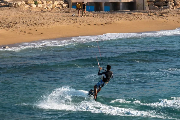 Nahariya Israel November 2021 Galei Galil Beach Man Kitesurfing Sea — Stock Photo, Image