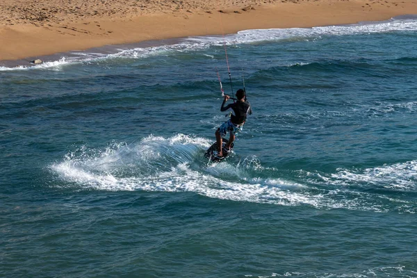 Nahariya Israel November 2021 Galei Galil Beach Man Kitesurfing Sea — Stock Photo, Image