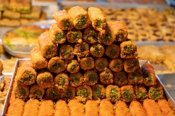 Oriental Árabe Turco Doces Sobremesa Mercado Close — Fotografia de Stock