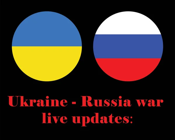 黒の背景にウクライナとロシアの旗と赤での戦争に関する最新のアップデートの碑文 — ストックベクタ