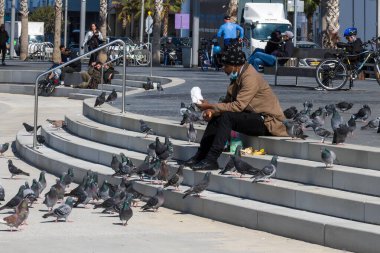 TEL AVIV, ISRAEL - 25 Ocak 2022: Tel Aviv 'deki Kudüs Sahili. Bir adam güvercinleri besler..