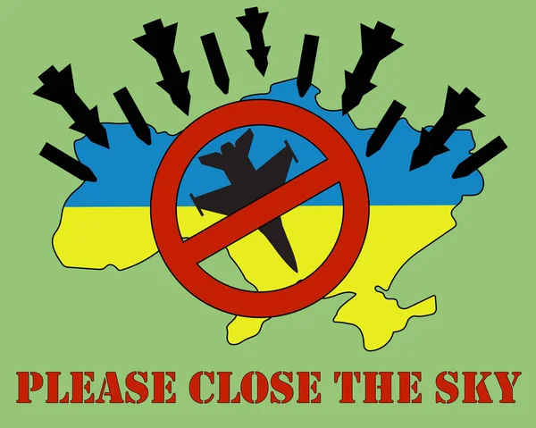 ウクライナでの戦争 ロシアの侵攻 ウクライナ上空を閉じます 黄色と青 ロケット 飛行機で地図 ベクターイラスト — ストックベクタ