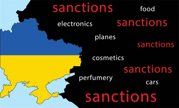 黒で旗とロシアの形でウクライナの地図 ウクライナへの侵略のためにロシアに対する制裁の概念 赤の制裁碑文 — ストックベクタ