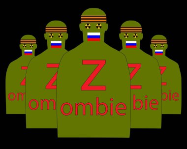 Silhouettes of Russian soldiers in front of their eyes, nuclear badges on their heads, a St. George ribbon and a Russian flag covering their mouths. Black background. clipart