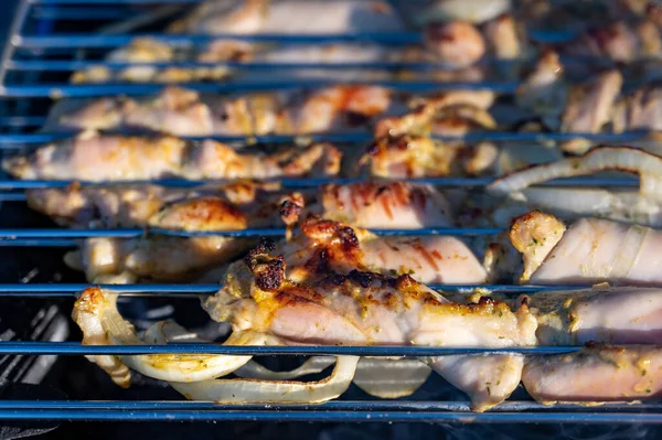 Dilimlenmiş tavuk dilimleri, kafesler arasındaki ızgarada kızartılır. yakın plan.