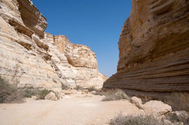 Ein Avdat Milli Parkı Kanyonu 'nun başı, Güney İsrail' in Negev Çölü 'nde vaha, Metin: Ein Avdat, Ein Mor. Yüksek çözünürlük.