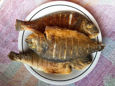 Üç kızarmış dorado balığı beyaz bir tabakta yatıyor. en üstteki görünüm