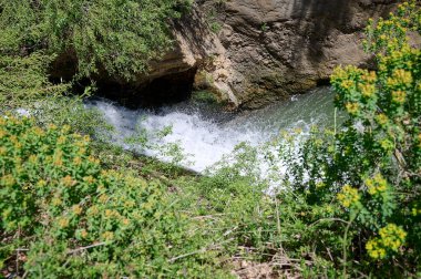 Şelale manzarası. Ayun 'un çağlayan su akıntısı. Nahal Nehri Ayun. Doğa Rezervi ve Ulusal Park. Yukarı Celile, İsrail
