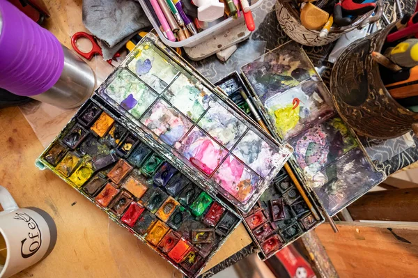 Watercolor Paints Started Open Box Artist Workplace View — Stock Photo, Image