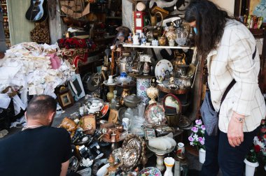 ATHENS, GREECE - MAY 14, 2022: The Monastiraki flea market is located in the center of Athens: on Avissinias Square in Greece