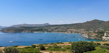 Holiday areas with beaches and hotels in the Saronic Gulf, sea view.
