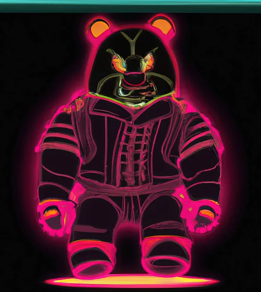 Cyberpunk bear in full growth on a black background. The outlines and costume glow with pink neon light. On the head is a blue mesh and neon glow. Astronaut suit. Computer graphics.