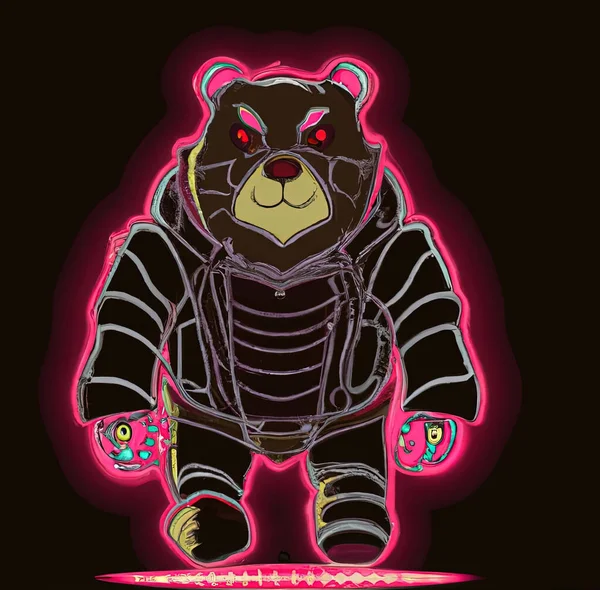 Cyberpunk bear in full growth on a black background. The outlines and costume glow with pink neon light. On the head is a blue mesh and neon glow. Astronaut suit. Computer graphics.