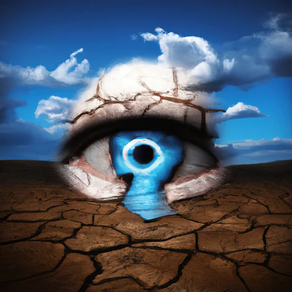 The blue eye is set in a round frame of cracked stone and set on cracked soil. Phot blue sky with clouds. A look into the future. Surrealism concept.
