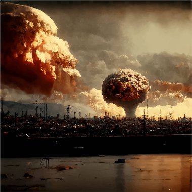 Şehrin üzerinde bir nükleer bomba patlamasından kalma mantar. Dünya 'da nükleer savaş. Dünyanın sonu geldi. Mahşer.