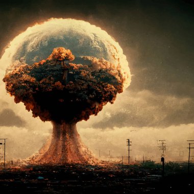 Nükleer bomba patlamasından kalma mantar. Dünya 'da nükleer savaş. Dünyanın sonu geldi. Mahşer.