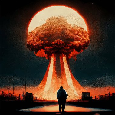 Nükleer bomba patlamasından kalma bir mantarın arka planındaki bir adamın silueti. Dünya 'da nükleer savaş. Dünyanın sonu..