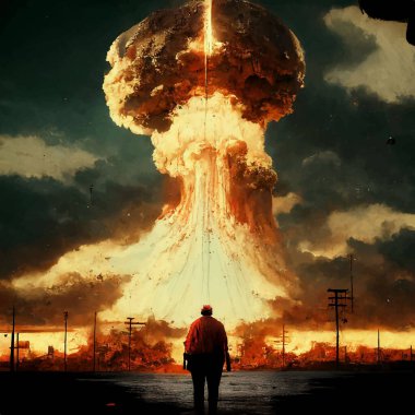 Nükleer bomba patlamasından kalma bir mantarın arka planındaki bir adamın silueti. Dünya 'da nükleer savaş. Dünyanın sonu..