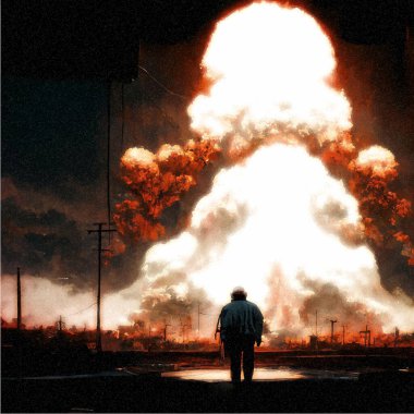 Nükleer bomba patlamasından kalma bir mantarın arka planındaki bir adamın silueti. Dünya 'da nükleer savaş. Dünyanın sonu..