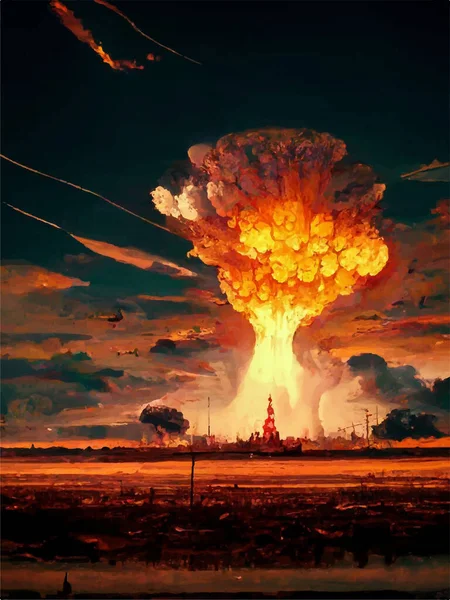 Şehrin üzerinde bir nükleer bomba patlamasından kalma mantar. Dünya 'da nükleer savaş. Dünyanın sonu geldi. Mahşer.