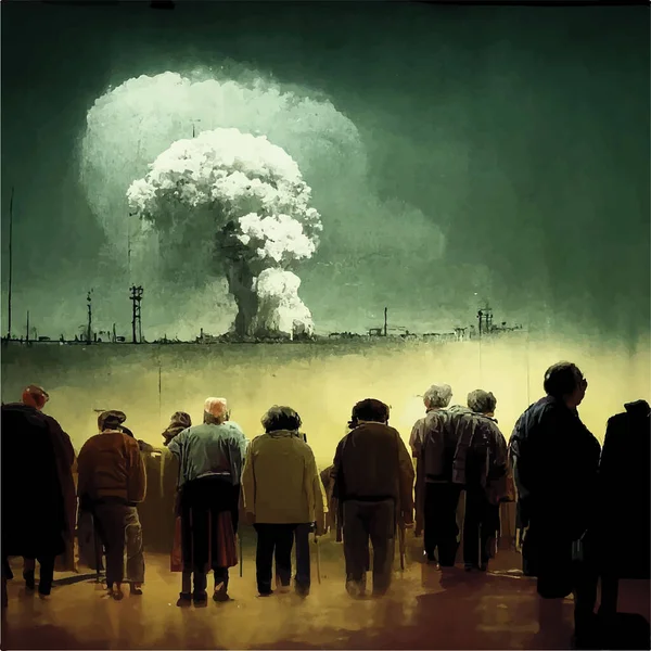 人々は街中で核爆弾の爆発からキノコを見ています 世界の核戦争 世界の終わりだ ハルマゲドン — ストックベクタ