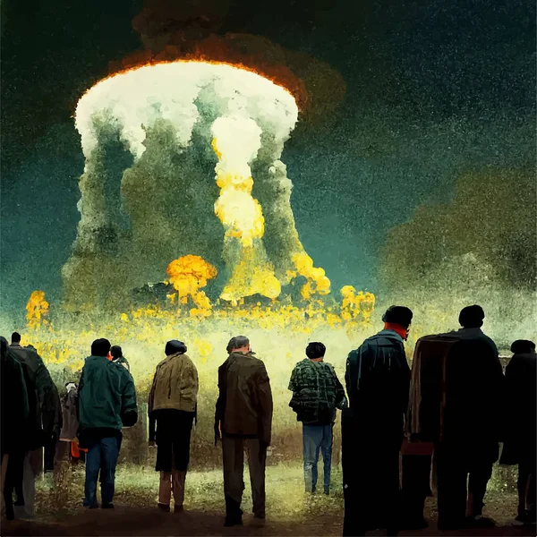 Les Gens Regardent Champignon Explosion Une Bombe Nucléaire Dessus Ville — Image vectorielle