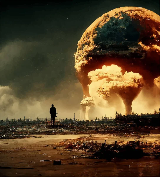 核爆発のキノコを背景にした男のシルエット 世界の核戦争 世界の終わり — ストックベクタ