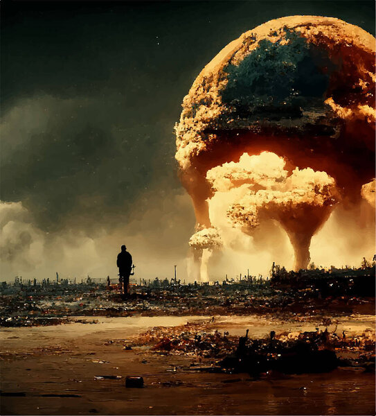 Silhouette of a man on the background of a mushroom from a nuclear bomb explosion. Nuclear war in the world. End of the world.