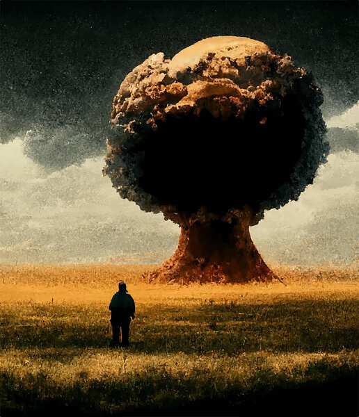 Silhouette of a man on the background of a mushroom from a nuclear bomb explosion. Nuclear war in the world. End of the world.