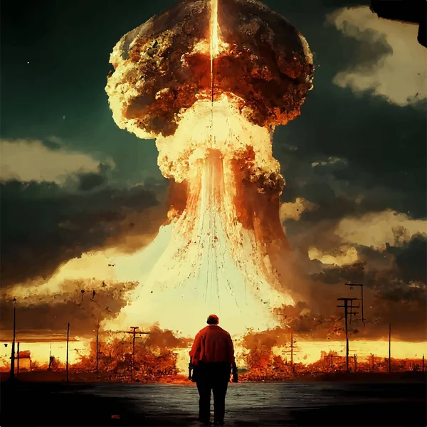 核爆発のキノコを背景にした男のシルエット 世界の核戦争 世界の終わり — ストックベクタ