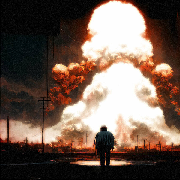 Silhouette of a man on the background of a mushroom from a nuclear bomb explosion. Nuclear war in the world. End of the world.